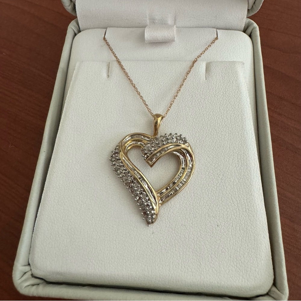Diamond Heart Necklace 1/2 ct tw Round & Baguette 10K Yellow Gold 18"